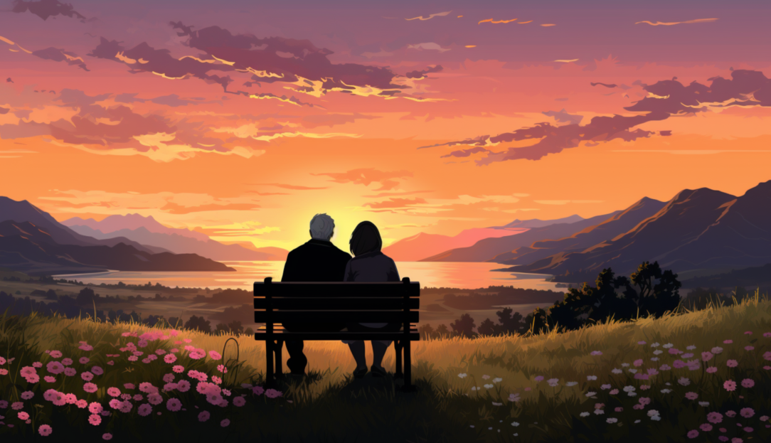 a silhouette of an old couple on a bench, the wife resting her head on the husband's shoulder, facing the sunset with pink and peach hues and a field of wildflowers and mountains